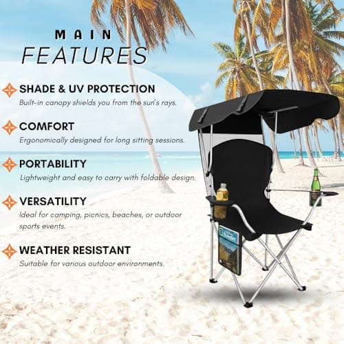 Portable Folding Camping Chairs with Canopy Shade, Beach Chair for Adults, Durable Weather Resistant 600D Oxford Cloth, Camping Chair with Canopy for Outdoors [Black]