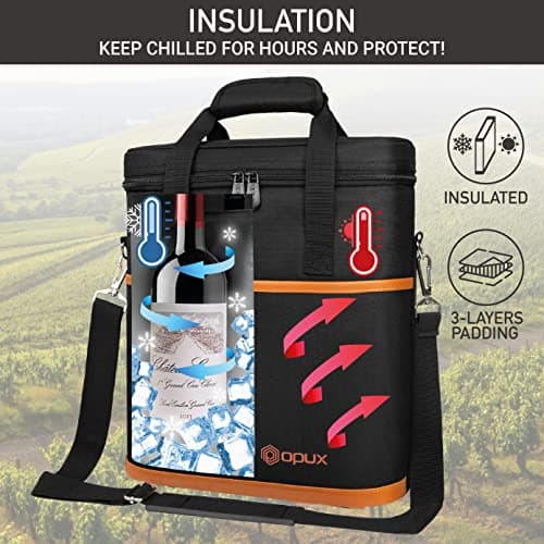 opux 3 Bottle Wine Carrier Tote, Insulated Leakproof Wine Cooler Bag, Wine Travel Bag Tote for Picnic BYOB Beach, Portable Wine Bottle Carrying Case, Gift for Wine Lover Women Men Christmas, Brown