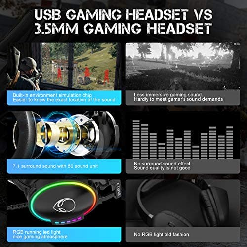 ETWAR EG100 USB Wired Gaming Headset for PC, 7.1 Surround Sound,Computer Headphones with Microphone/Mic Noise Cancelling, Video Gaming, RGB Flowing Light - for PS4, PS5,Laptop