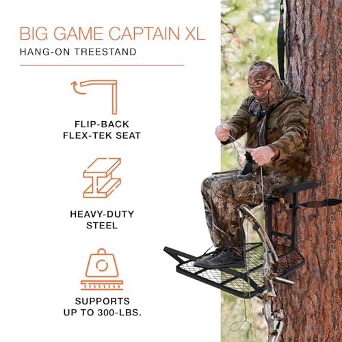 Big Game Captain XC Hang-On Treestand, Lightweight Steel Construction with 14 x 8 in. Flip-Back Flex-Tek Seat, 300 lbs Weight Rating