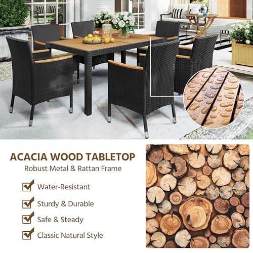 Yaheetech 7 Piece Patio Furniture Set, Outdoor Dining Acacia Wood Table Top Rattan Conversation Set with Soft Cushions, 6 Chairs & 1 Table for Backyard, Deck, Garden & Yard, Black/Beige