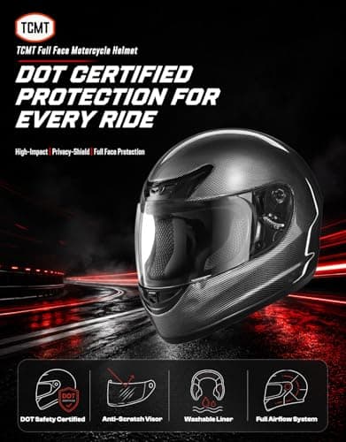 TCMT Full Face Motorcycle Helmet for Adults Men Women, Lightweight Polycarbonate Street Bike Dirt Bike Helmet with Anti-Scratch Mirror Shield and Removable Liner, DOT Approved