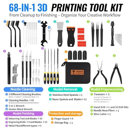 68Pcs 3D Printer Tools Kit with Storage Case, 3D Printer Accessories - Deburring Tool, 3D Printer Removing Scrapers, Metal Files, Brushes, Hand Drill, Tweezers, for Bambu Lab, Ender 3, Kobra, etc.