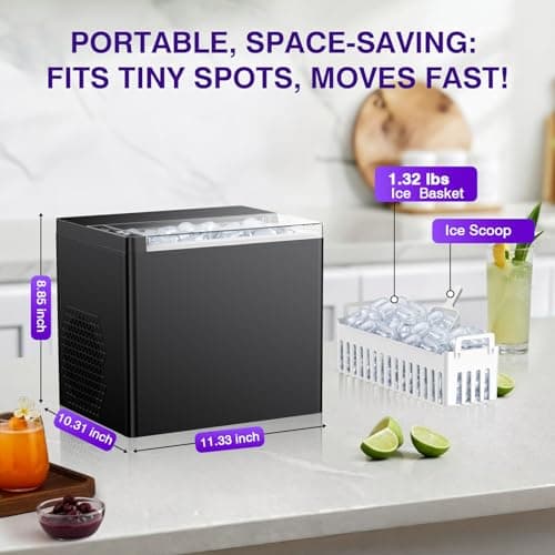 Ice Makers Countertop, 9 Ice Cubes in 6 Mins Portable Ice Maker, 2 Sizes of Bullet Ice (S/L) Small Ice Machine for Home Kitchen Camping (Onyx)