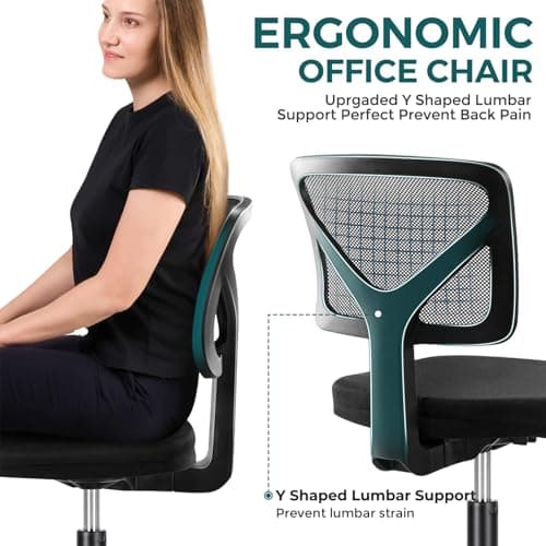 DUMOS Armless Office Chairs with Wheels, Ergonomic Adjustable Home Desk Swivel Rolling Task Chair No Arms, Comfy Mesh Mid Back Computer Work Vanity Desk Chairs for Small Spaces, New Black