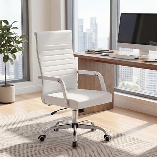Furmax Ergonomic Office Desk Chair, Executive Ribbed Mid-Back PU Leather Conference Room Chair Adjustable Swivel Chair with Arms (1, White)
