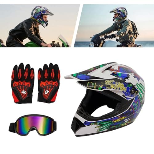 Adult Motocross Dirt Bike Helmet, Motorcycle Helmet Dirt Bike Motocross for Motocross, BMX, MX, UTV, Snowmobile, Go Kart, Racing, Skateboard, ATV Helmet, Goggles and Gloves
