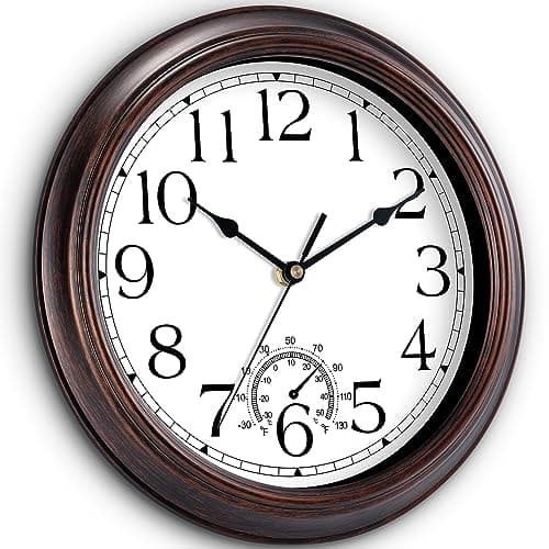 KECYET 8.5 Inch Outdoor Wall Clock with Thermometers, Vintage Silent Wall Clocks Battery Operated, Retro Non-Ticking Clock Decorative for Living Room, Patio, Kitchen, Office, Bathroom, Bedroom(Bronze)