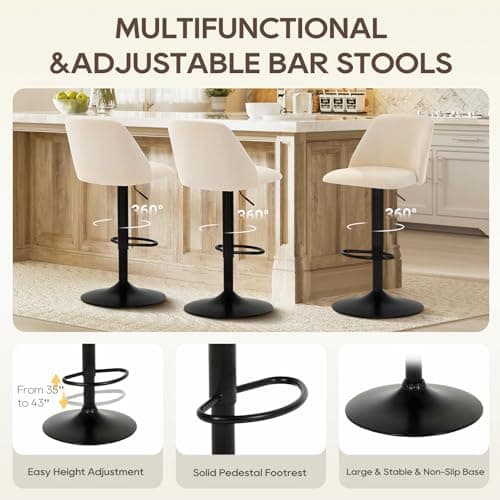 COLAMY Bar Stools Set of 4, Modern Swivel Bar Chairs, Adjustable Upholstered Barstools Counter Height with Full Backrest for Bar, Dining Room, Kitchen Island, Beige