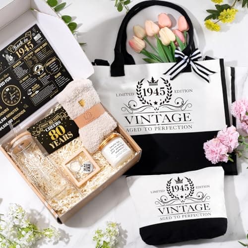 80th Birthday Gifts for Women, Cool Gifts for 80 Year Old Women, Eighty Birthday Tote Bag Glass Cup Candle Gift Basket Ideas Daughter Mom Sister Friend Wife Coworkers
