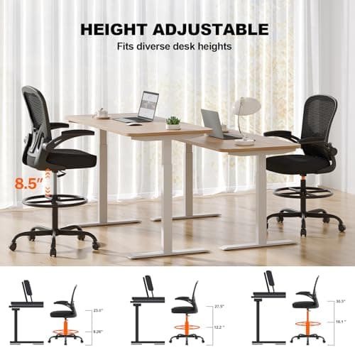 Ergonomic Drafting Chair, Tall Office Chair with Flip-up Armrests, Breathable Mesh High Desk Chair with Lumbar Support Adjustable Footrest Ring for Standing Desk Black