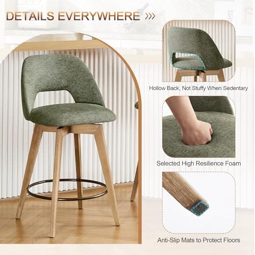 Zesthouse Swivel Farmhouse Bar Stools Set of 4, 26" Modern Counter Stools with Open Back & Natural Wood Legs, Upholstered Linen Fabric Counter Height Barstools, High Chairs for Island Kitchen, Green