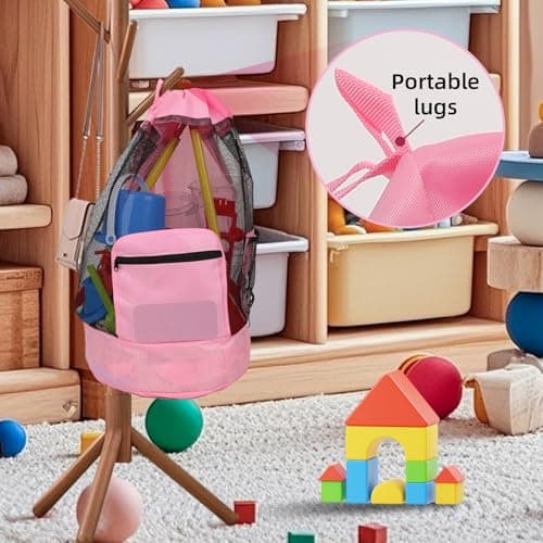 Beach toy bag，mesh backpack for beach,Beach Must Haves Sand Box Toys Seashell Bags，Waterproof Swim Mesh Beach Bag (1, Pink)