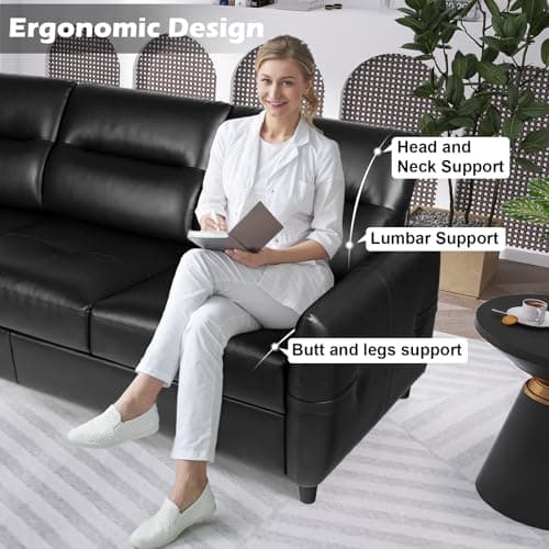 STHOUYN 85” Black Faux Leather Couch with USB, 3 Seater Sofa Couches for Living Room, Large Mid Century Modern Office Apartment Couch (Black)