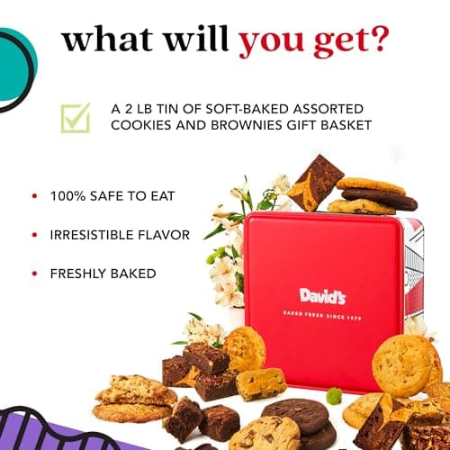 David’s Cookies Gourmet Assorted Cookies and Brownies Gift Basket - 12 x 1.5oz fresh baked cookies and 10 x 2oz individually wrapped brownies - Great for Sharing, Ideal Gift for All Special Occasions