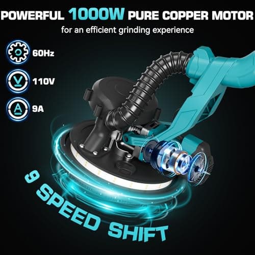 Drywall Sander with Vacuum Dust Collector, 1000W Popcorn Ceiling Removal Tool, Electric Drywall Sander with Digital Display Screen 9 Variable Speed 800-2100RPM, Foldable & Extendable Handle