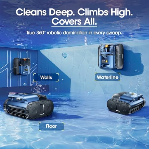 Cordless Robotic Pool Vacuum, Pool Cleaner with Track Drive & Sonar Navigation, 180W Brushless Motor, Wall & Waterline Climbing, 150-Min Runtime, for Inground & Above-Ground Pools up to 2150 Sq. Ft.