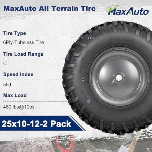 MaxAuto Set of 4 AT25x8-12 & AT25x10-12 ATV UTV Mud Sand Tires,25x8x12 Front & 25x10x12 Rear All-Terrain Off-Road Tires,6 PR, Tubeless,4 Pack in 2 Packages