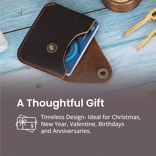 TheAntiq Brown Leather Card Holder Minimalist Wallet Handmade - Slim Credit Card Case with Button Closure - Compact Leather Card Case Holds Up to 4 Cards - Front Pocket Wallet for Men & Women
