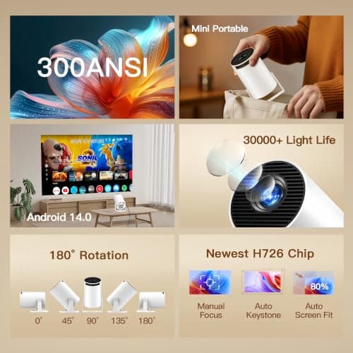 [Built-in Apps & 2026 Upgraded] Mini Projector with Wi-Fi 6 & Bluetooth 5.4, 1080P 4K Support Full HD, Auto Keystone 360° Portable Home Cinema Smart Projector for iOS/Android X1 B0F9XTQKW1