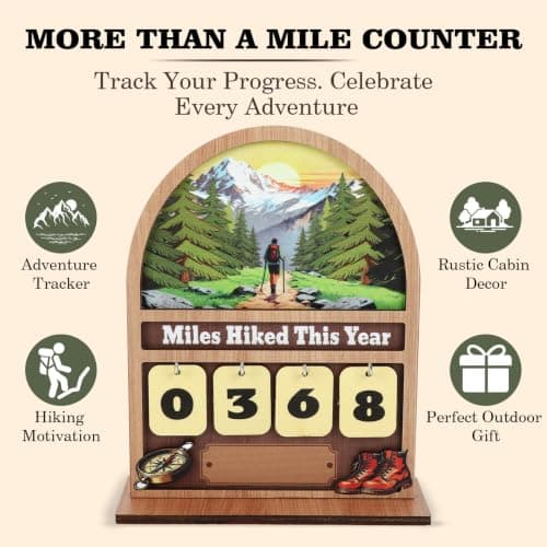 Wooden Mile Hike This Year Counter Rustic Cabin Decor Hiking Gifts for Women Men Hiking Accessories for Walking Enthusiasts Miles Hiked This Year Hiking Tracker Sign B0H394LD43