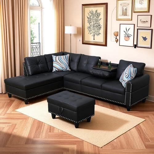 Trygoal Leather 3-Piece L-Shaped Couches for Living Room, Sectional Sofa with Storage Ottoman & Movable Chaise, Modular Convertible Couch for Bedroom & Apartment, Deep Black