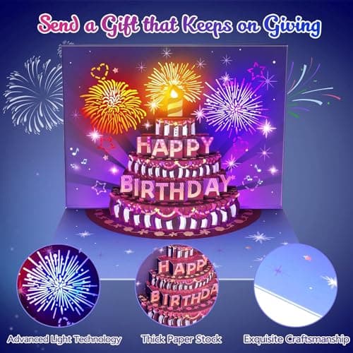 INPHER Birthday Cards Fireworks Pop Up Cake Light and Music Happy Birthday Gifts Decorations for Women, Men, Mom, Grandma