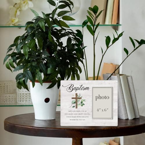 Baptism Picture Frame, Baptism Gifts for Boys, Christening Gifts for Girls, Catholic Baby Gift Wood Photo Frame, 4 x 6 Inch Photo