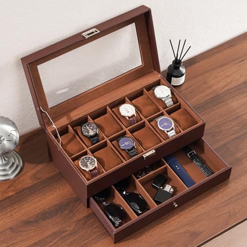 ProCase ProCase Watch Box, 12 Slot Mens Watch Case With Drawer, 2-Layer Watch Display Case With Glass Lid, Mens Jewelry Box Storage Holder Organizer, Birthday Valentine Gifts for Men -12Slot, Espresso
