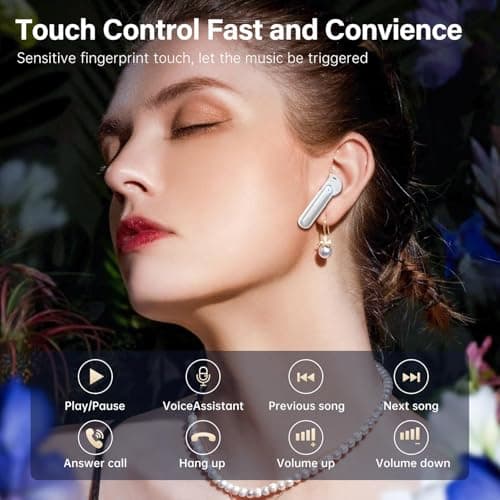 Fhumsh Wireless Earbuds, Bluetooth 5.3 Headphones HiFi Stereo 50H Playback LED Digital Display Ear Buds with ENC Noise Canceling Headset, IPX7 Waterproof Earphones for Gym/Running/Work (White)
