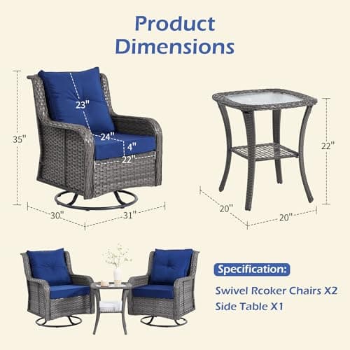 Wumiokio Patio Furniture Sets, 3 Pieces Wicker Outdoor Furniture - 360 Degree Swivel Rocking Chairs and Rattan Side Table for Garden,Porch,Backyard (Grey Wicker/Blue Cushion, 3PCS - Swivel Chairs)