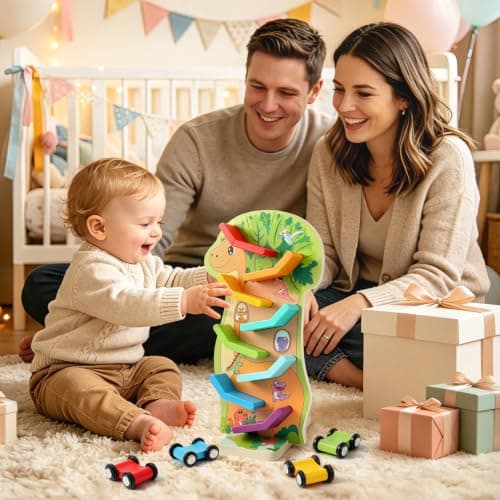 4 Mini Cars, 8 Level Race Track Car Truck, Car Toys for Toddlers 1-3, One 1st Birthday Gift Montessori Toys for 1 2 3 Year Old Boy, Dinosaur Wooden Car Ramp Race Track B0H7H5XWV5