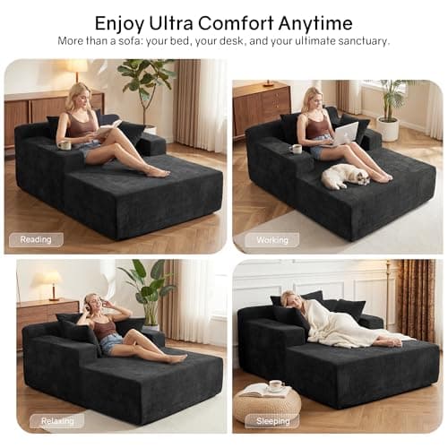 66" Chaise Lounge Chair Indoor, Oversized Boneless Lounge Chair with 3 Pillows, Chenille Cloud Reading Chair for Living Room Bedroom, Deep Seat Sleeper Couch, No Assembly Required