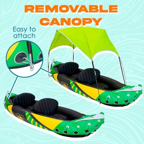 Inflatable Kayak 2 Person with Detachable Sun Canopy – Heavy-Duty Tandem Kayak for Adults – Reinforced Paddles, Waterproof Phone Bags, Adjustable Seats, Extra Seat for Dog or Child