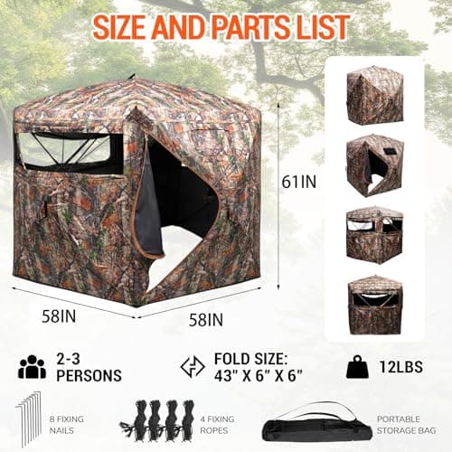 FUNHORUN Hunting Blind 270/360 Degree See Through Ground Blind，2/3 Person Soft Material Pop-Up Camouflage Tent，Easy-Fold Portable Concealed Shelter with Carrying Bag