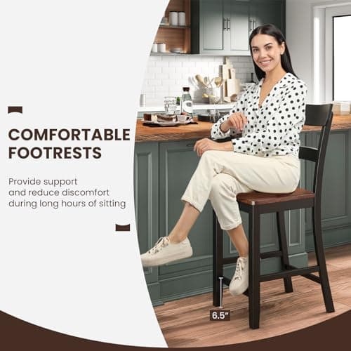 COSTWAY Counter Height Bar Stools Set of 4, 24'' Mid Century Modern Island Chairs with Rubber Wood Legs and High Backrest, Wooden Barstools for Home Kitchen, Dining Room, Bar, Restaurant (Black)