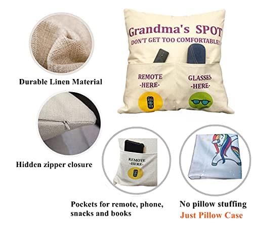 Grandma Gifts, 2-Pocket Grandma’s Spot Throw Pillow Covers 18x18 Inch + Engraved Spoon, Birthday Christmas hanksgiving Day Gifts for Grandma Mom Gigi Nana Mimi