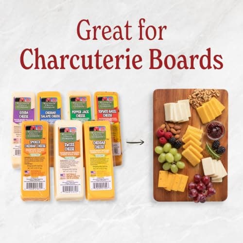 Wisconsin Cheese Company - Specialty 100% Wisconsin Cheese Block Assortment Sampler - (Pack of 7 Blocks) Cheddar, Pepper Jack, Swiss, Gouda, Salami, Smoked Cheddar & Tomato Basil | Locally Sourced | Perfect for Parties, Charcuterie Boards and Birthday Gifts | Great Birthday Gift for Cheese Lovers