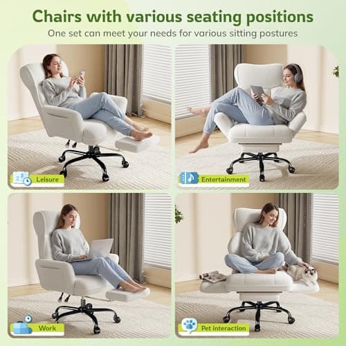 DurayLoly Big and Tall Office Chair with Adjustable Arms and Back, Ergonomic Office Chair with Footrest and Comfortable Fabric for Home Office, Bedroom,White