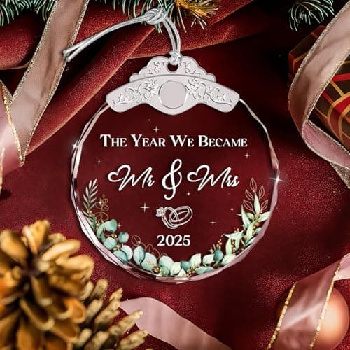 Glass Ornament - Mr & Mrs 2025 Wreath Leaf Wedding Ornaments - Newlywed Gifts for Couples 2025 - Couple Ornament for Bride and Groom - Elegant Engagement Keepsake for Christmas Tree Décor