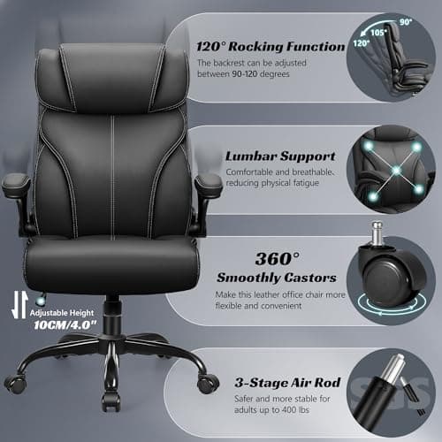 HeroSet Office Chair, Ergonomic Big and Tall Computer Desk Chairs, Executive Breathable Leather Chair with Adjustable Flip-up Armrests, Lumbar Support Swivel PC Chair with Rocking Function