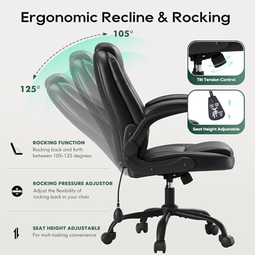 MALOL Leather Office Chair, Computer Desk Chair with Adjustable Lumbar Support, Thick Cushion, Flip-Up Arms and Ergonomic Back, Comfy Executive Office Chair for Home Office Gaming,Black