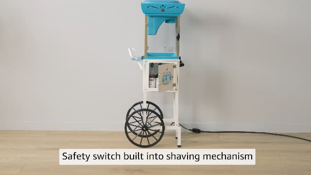 Nostalgia Snow Cone Shaved Ice Machine - Retro Cart Slushie Machine Makes 48 Icy Treats - Includes Metal Scoop, Storage Compartment, Wheels for Easy Mobility - White, Blue