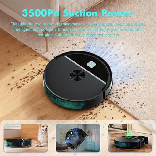 ECOHOME Robot Vacuum and Mop Combo,3500Pa Powerful Suction, with Wi-Fi/App/Remote,2 in 1 Mopping Robot Vacuum Cleaner,Dustbin and Watertank, for Pet Hair,Hard Floors and Low Pile Carpet,Black