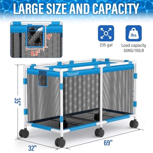 Pool Storage Bin - 235 Gallon 69" L Extra Large Pool Float Storage Organizer with Heavy Duty Tear & Sunlight Resistant Nylon Mesh, 360° Rolling Pool cart for Noodles,Toys,Floats,Balls