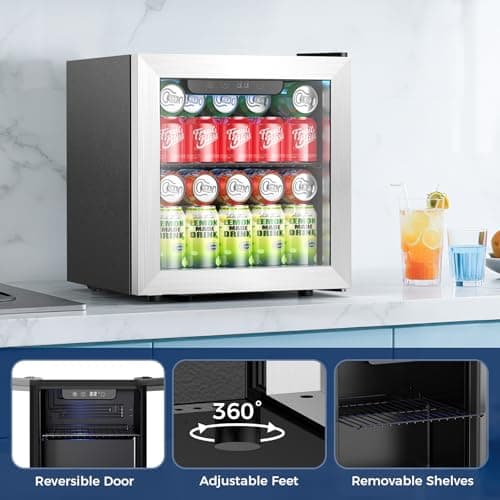 Beverage Refrigerator, 50 Cans Commercial Mini Fridge Cooler, 1.3 Cu.ft with Glass Door, Adjustable Shelves, Digital Temperature Freestanding Small Drink Fridge Soda Beer or Wine for Home Dorm Bar