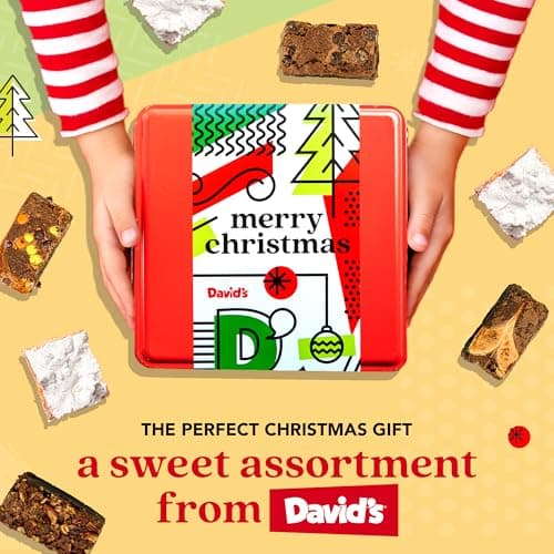 David's Cookies Merry Christmas Assorted Brownies & Crumb Cake Gift Tin 16pcs - Delicious, Fresh Baked Snacks, Gourmet Chocolate Fudge Slices, Brownies, Ideal Gift for Christmas Holidays