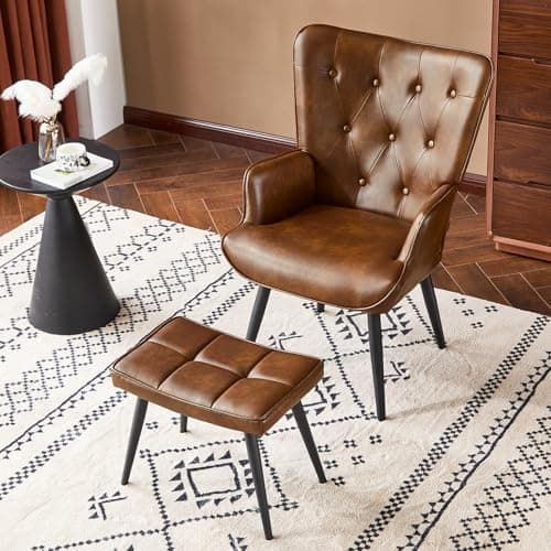 Furniliving PU Leather Accent Chair with Ottoman, Upholstered Reading Chair with High Backrest, Tufted-Button Wingback Armchair for Bedroom, Dressing Room, Home Office, Brown