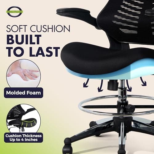 OfficeFactor 300 Lbs Tall Drafting Chair with Adjustable Foot Ring & Flip-Up Arms – Ergonomic Standing Desk Chair, Breathable Mesh Office Chair for Tall Desks, Counter Height & Reception(Black)