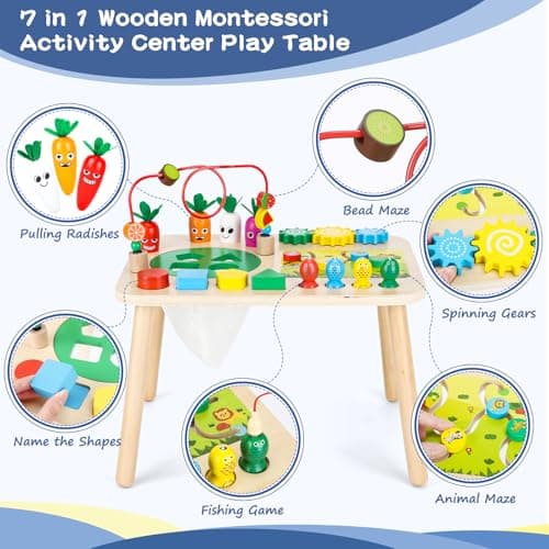 HEYLANDU Activity Table, Montessori Toys for 1 2 Year Old Girls Boy Gifts, 7 in 1 Wooden Sensory Play Table for Toddler 1 2 3, Learning Toys for Baby 12-18 Months 1st Christmas Birthday Gifts